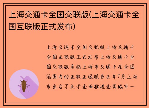 上海交通卡全国交联版(上海交通卡全国互联版正式发布)